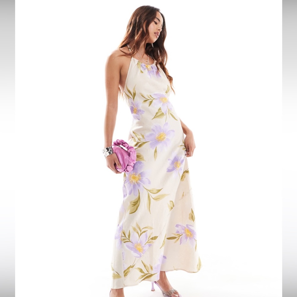 Floral Halter Maxi Dress in Lavender and Cream